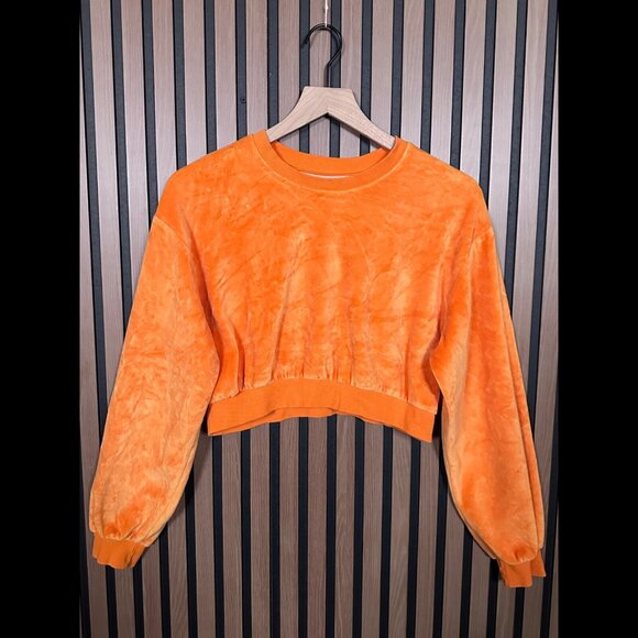 Bershka Sweater Small Womens Orange Crushed Velvet Cropped Crewneck Pullover - Picture 1 of 8